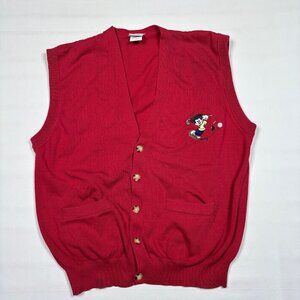 VTG Disney Store Mickey Golf Red Sleeveless Sweater Vest Cardigan Adult Large